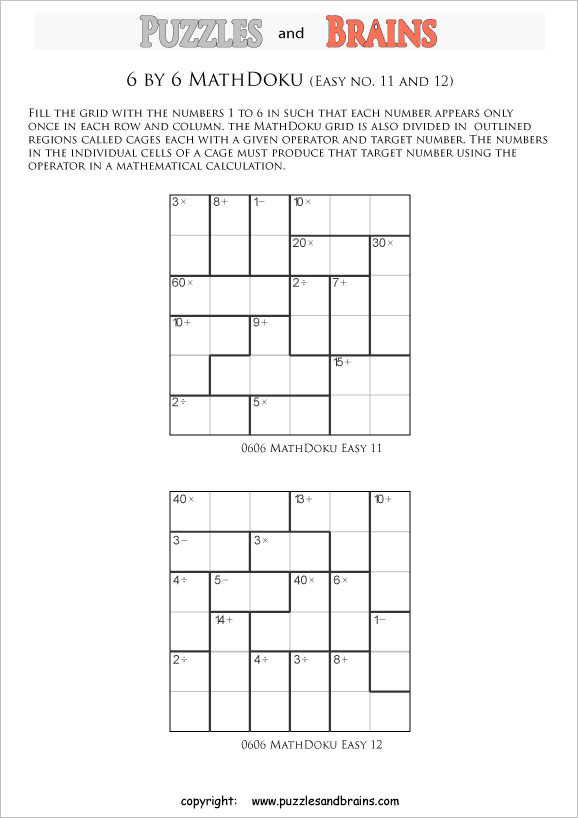 printable 6 by 6 easier level Mathdoku, KenKen-like, math puzzles for young and old