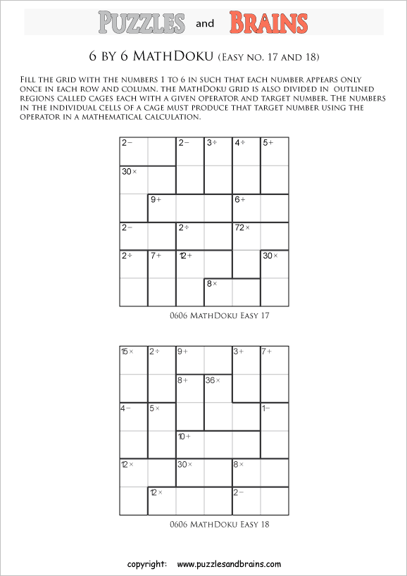 printable 6 by 6 easier level Mathdoku, KenKen-like, math puzzles for ...