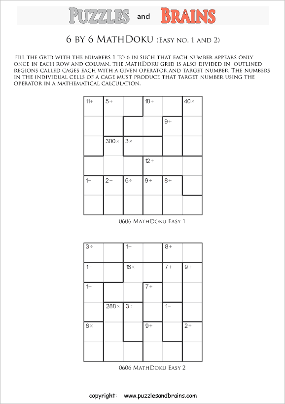 printable 6 by 6 easier level Mathdoku, KenKen-like, math puzzles for young and old