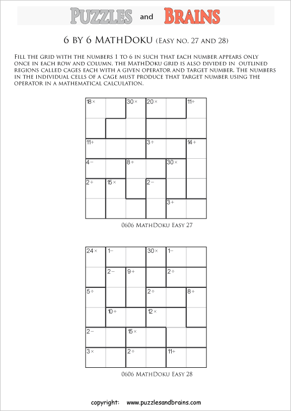 Printable 6 by 6 easier level MathDoku, KenKen like, math puzzles for kids