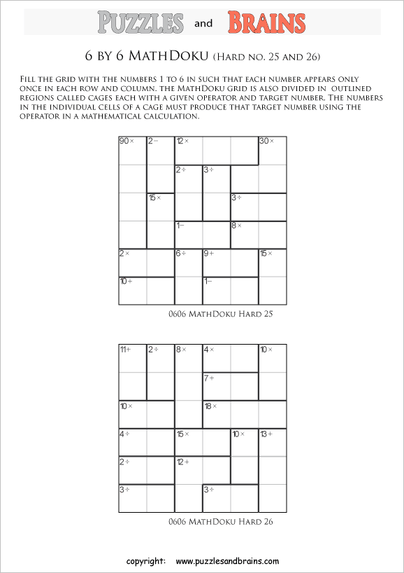 Printable 6 by 6 difficult level MathDoku, KenKen like, math puzzles for kids