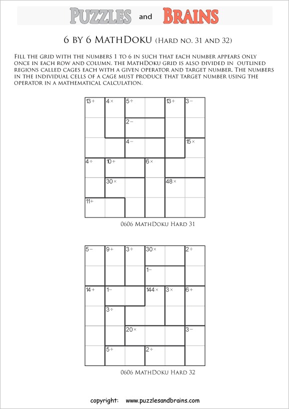 Printable 6 by 6 difficult level MathDoku, KenKen like, math puzzles for kids