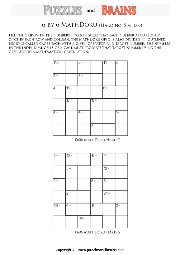 printable 6 by 6 difficult level Mathdoku, KenKen-like, math puzzles for young and old