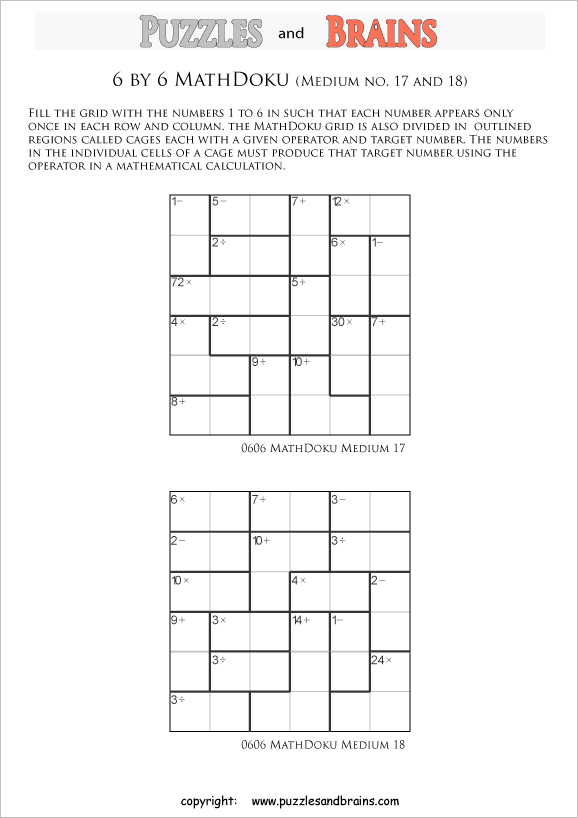 printable 6 by 6 medium level Mathdoku, KenKen-like, math puzzles for ...