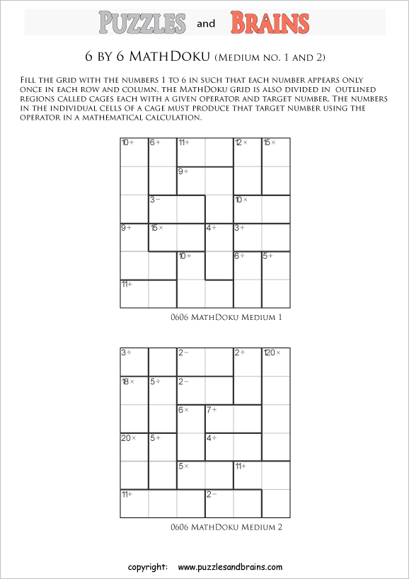 printable 6 by 6 medium level Mathdoku, KenKen-like, math puzzles for ...