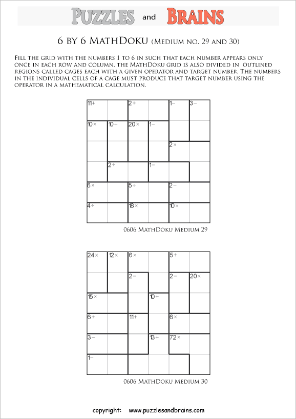 Printable 6 by 6 medium level MathDoku, KenKen like, math puzzles for kids