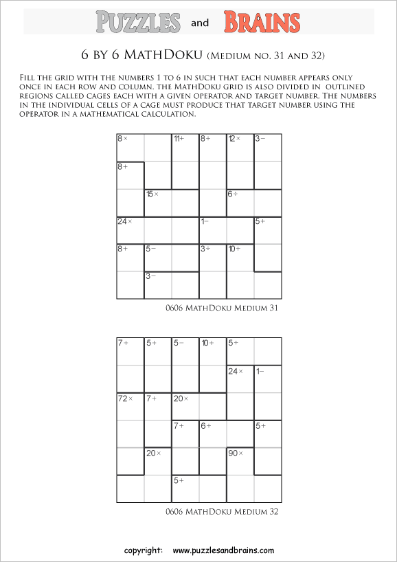 Printable 6 by 6 medium level MathDoku, KenKen like, math puzzles for kids
