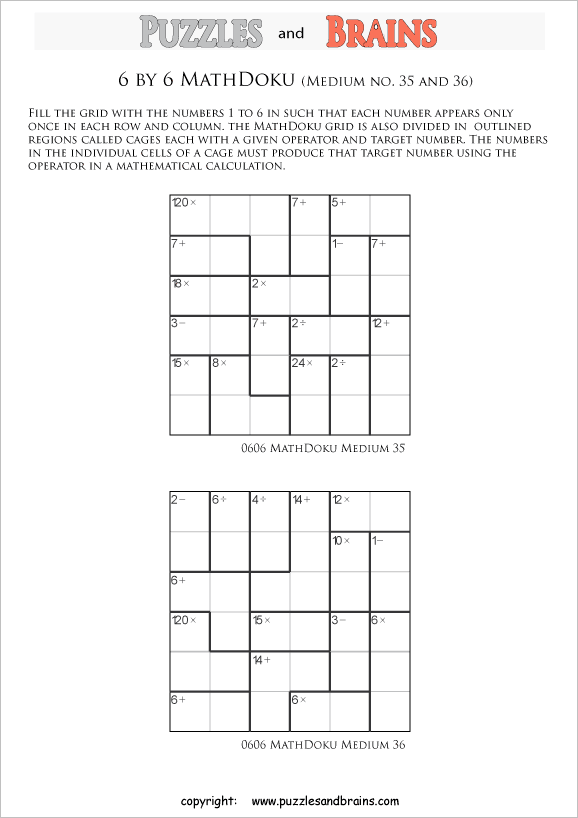 Printable 6 by 6 medium level MathDoku, KenKen like, math puzzles for kids