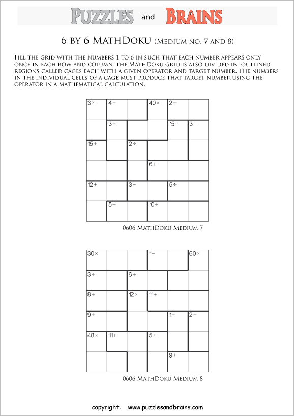 Printable 6 by 6 medium level mathdoku kenken like math puzzles for kids