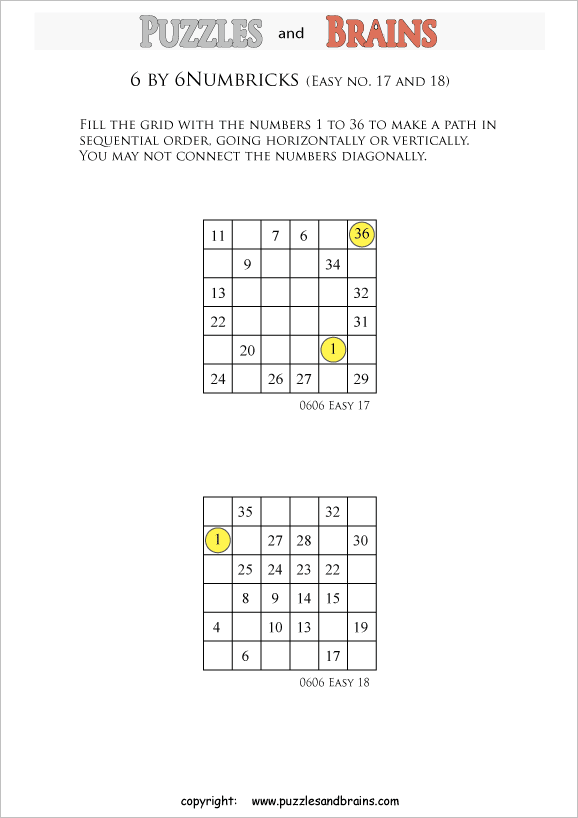 printable easier 6 by 6 Numbrix Number Snake puzzles for young and old