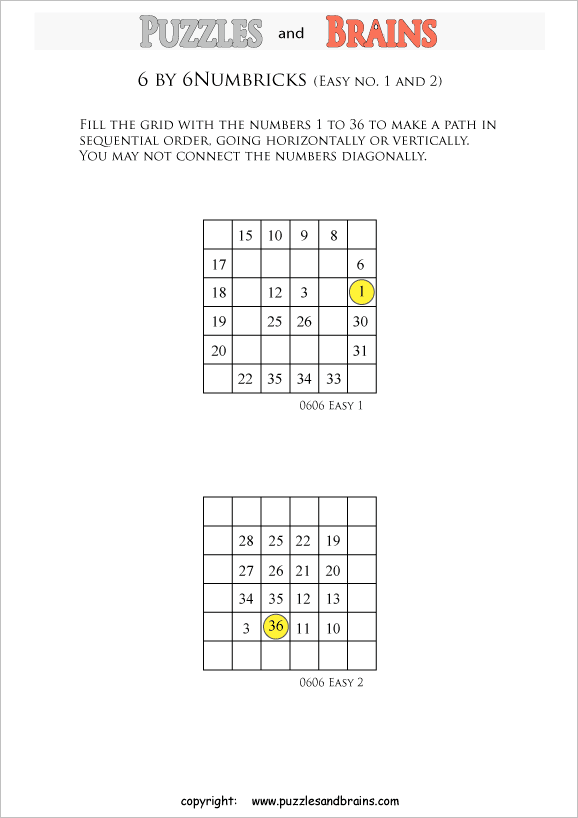 printable easier 6 by 6 Numbrix Number Snake puzzles for young and old