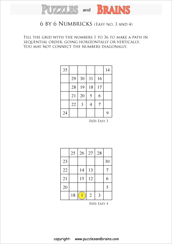 printable easier 6 by 6 Numbrix Number Snake puzzles for young and old