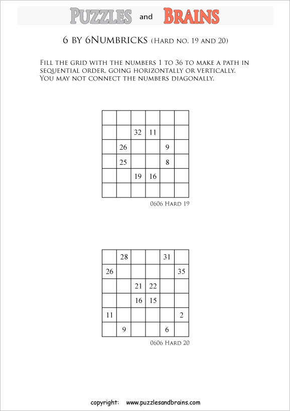 printable 6 by 6 difficult level numbrix logic puzzles for kids and adults