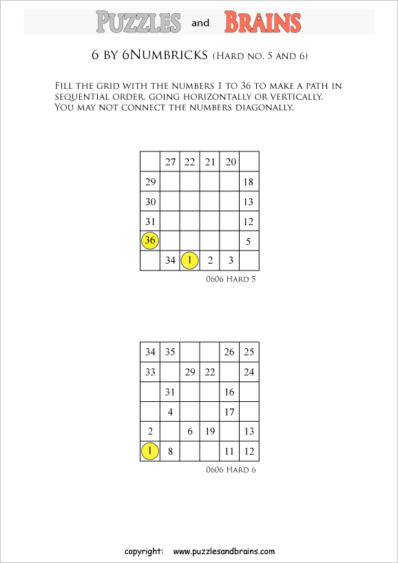 Printable 6 by 6 difficult level Numbrix logic puzzles for kids and adults