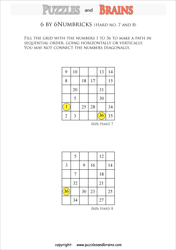 printable 6 by 6 difficult level Numbrix logic IQ puzzles