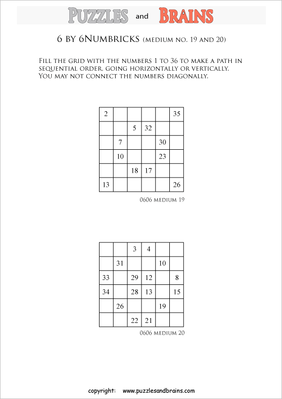 Printable 6 by 6 medium level Numbrix logic puzzles for kids and adults