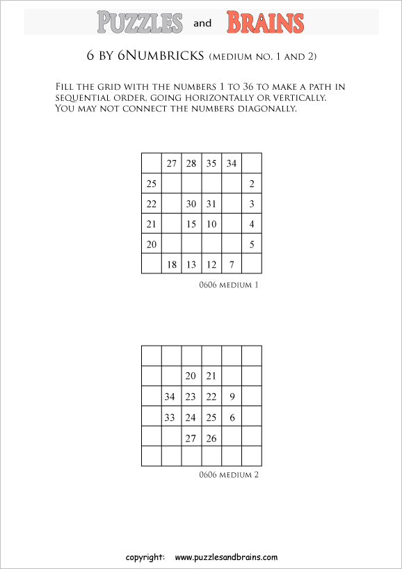 printable 6 by 6 medium level Numbrix logic IQ puzzles