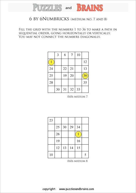 printable 6 by 6 medium level Numbrix logic IQ puzzles