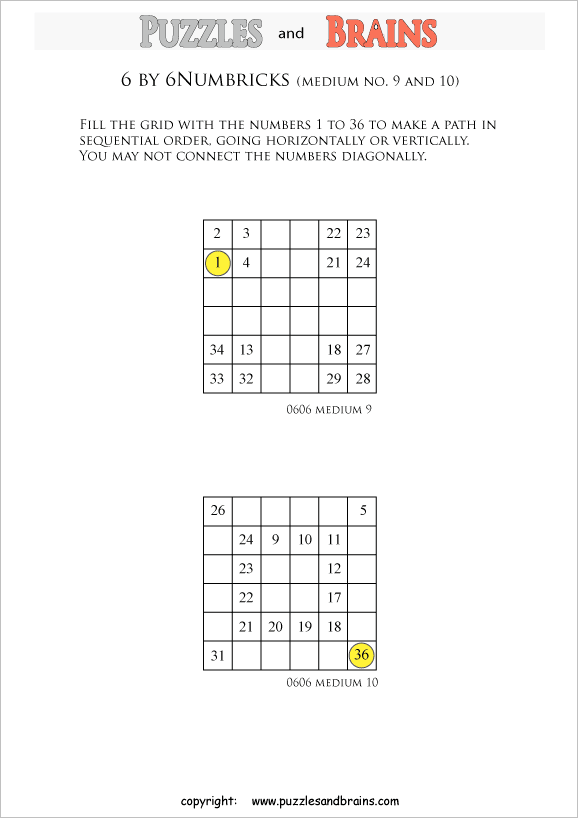 printable 6 by 6 medium level Numbrix logic IQ puzzles