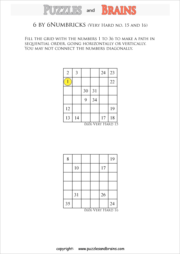 printable 6 by 6 very hard level Numbrix logic IQ puzzles