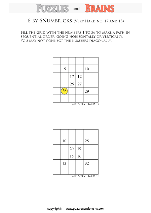 printable 6 by 6 very hard level Numbrix logic IQ puzzles