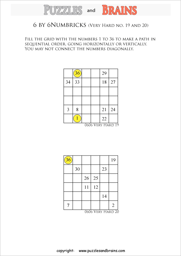 printable 6 by 6 very hard level Numbrix logic IQ puzzles