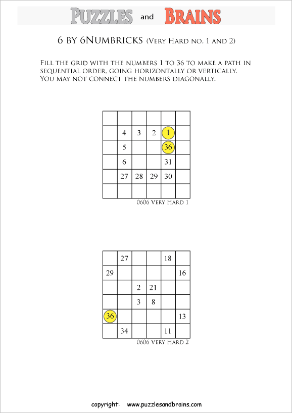 printable 6 by 6 very hard level Numbrix logic IQ puzzles