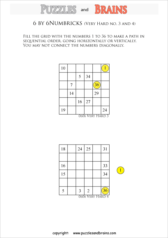 printable 6 by 6 very hard level Numbrix logic IQ puzzles