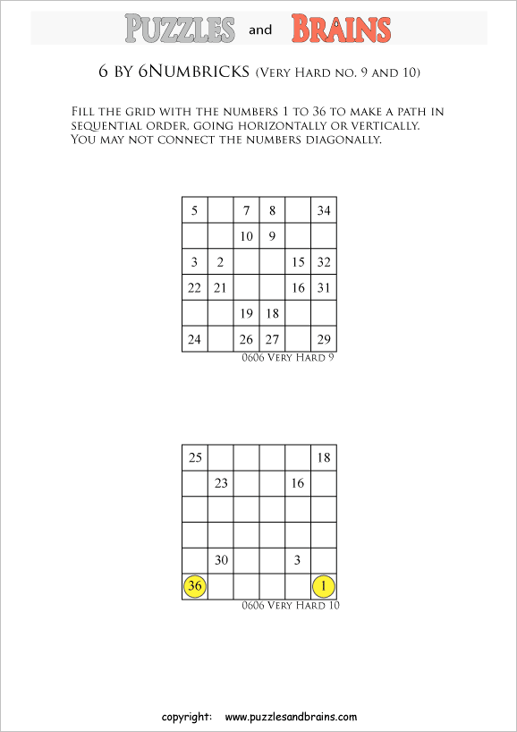 printable 6 by 6 very hard level Numbrix logic IQ puzzles