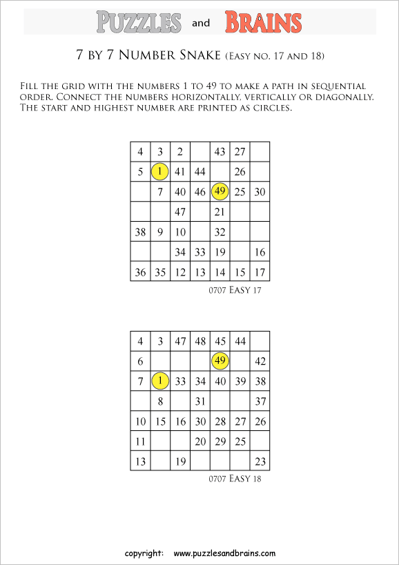 printable easier 7 by 7 Hidato Number Snake puzzles for young and old