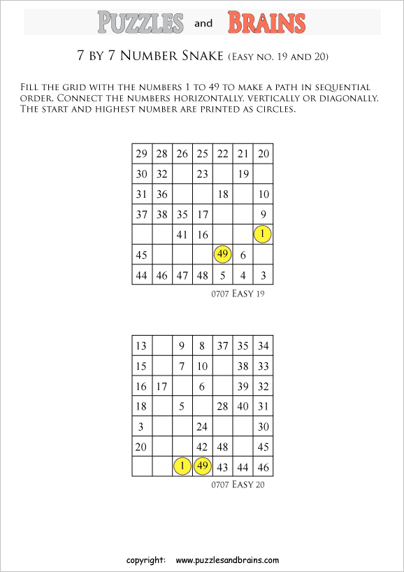 printable easier 7 by 7 Hidato Number Snake puzzles for young and old