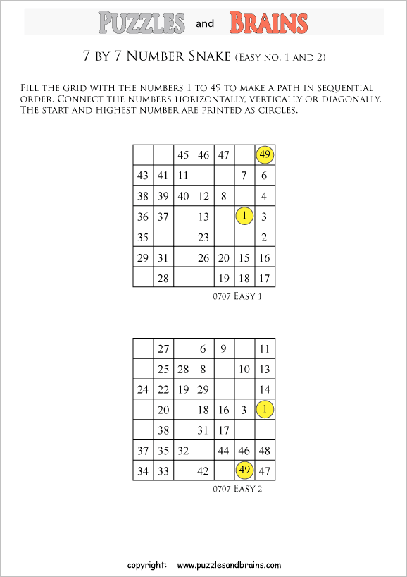 printable easier 7 by 7 Hidato Number Snake puzzles for young and old