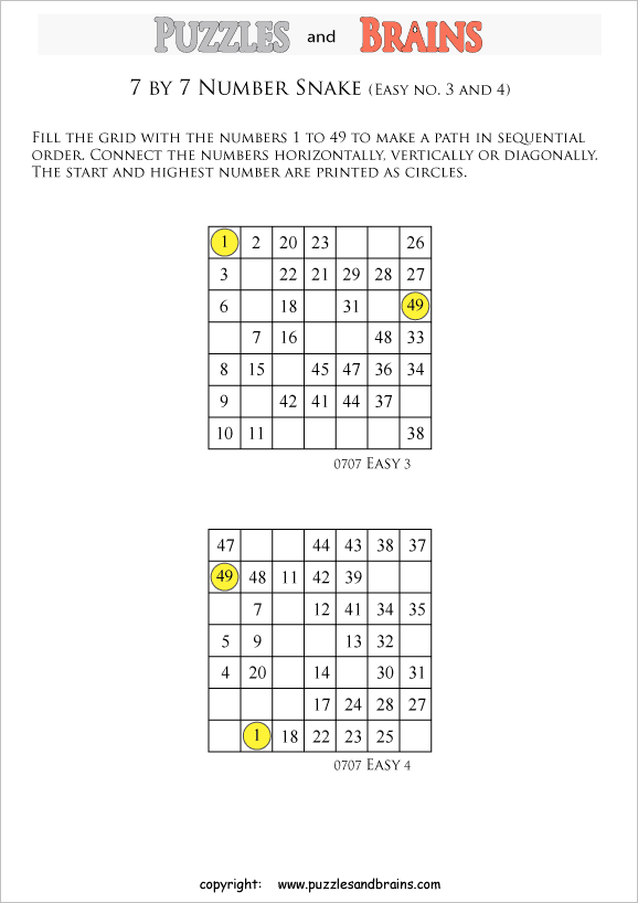 printable easier 7 by 7 Hidato Number Snake puzzles for young and old