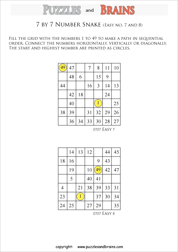 printable easier 7 by 7 Hidato Number Snake puzzles for young and old