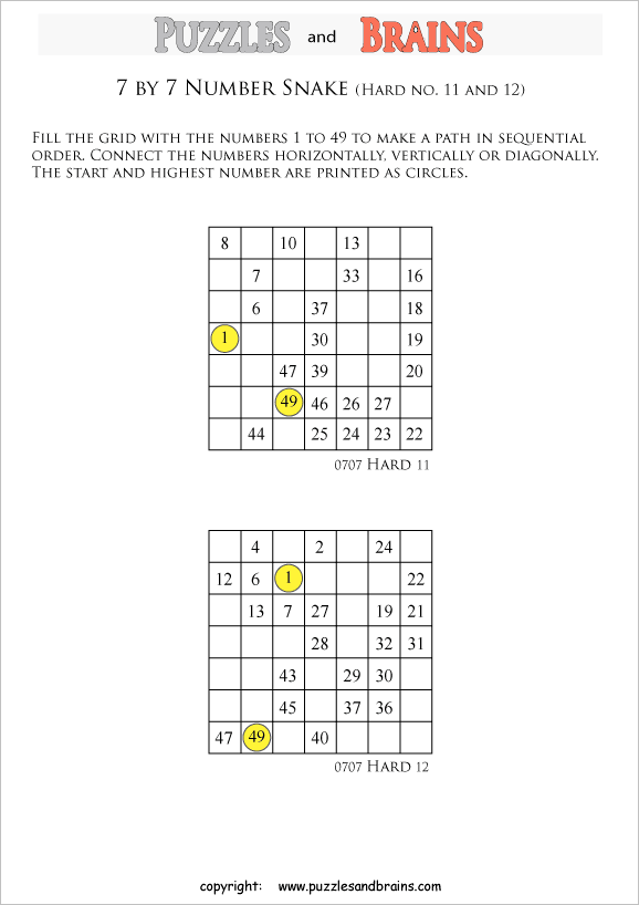 printable difficult 7 by 7 Hidato Number Snake puzzles for young and old