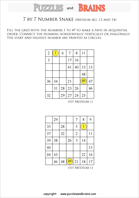 printable medium 7 by 7 Hidato Number Snake puzzles for young and old