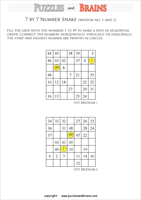 printable medium 7 by 7 Hidato Number Snake puzzles for young and old