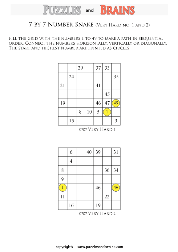 printable very difficult 7 by 7 Hidato Number Snake puzzles for young and old