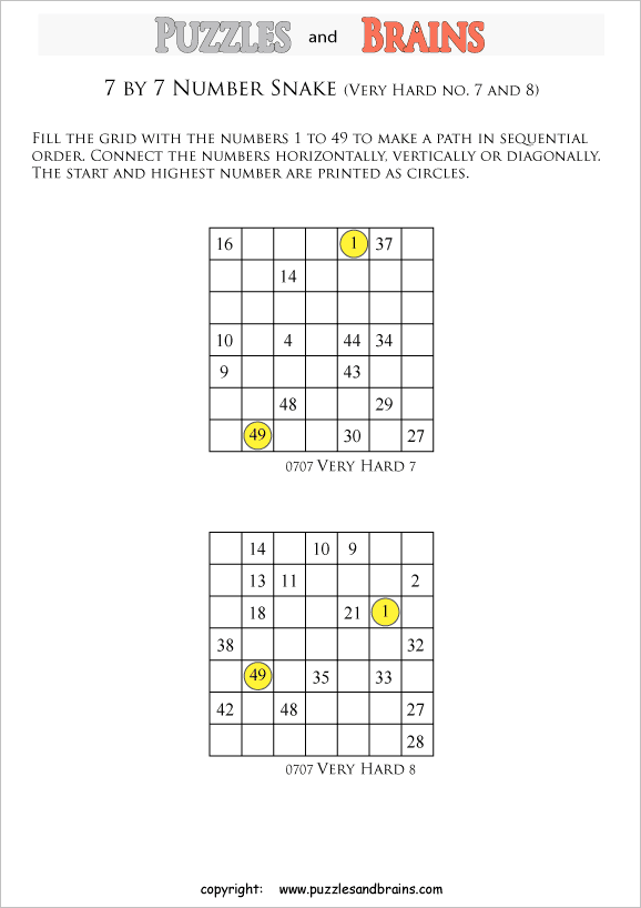 printable very difficult 7 by 7 Hidato Number Snake puzzles for young and old