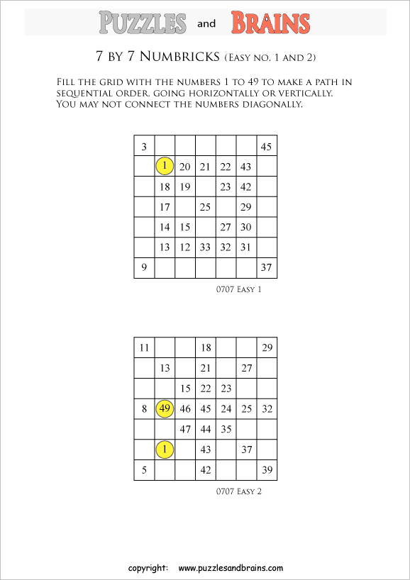Printable easier level 7 by 7 grid Numbrix Number Snake logic puzzles