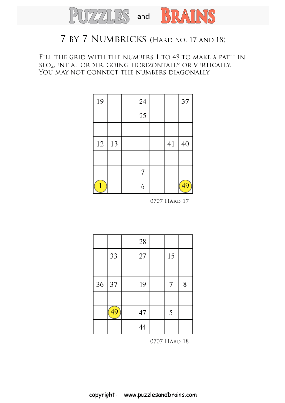 printable 7 by 7 difficult level Numbrix logic IQ puzzles