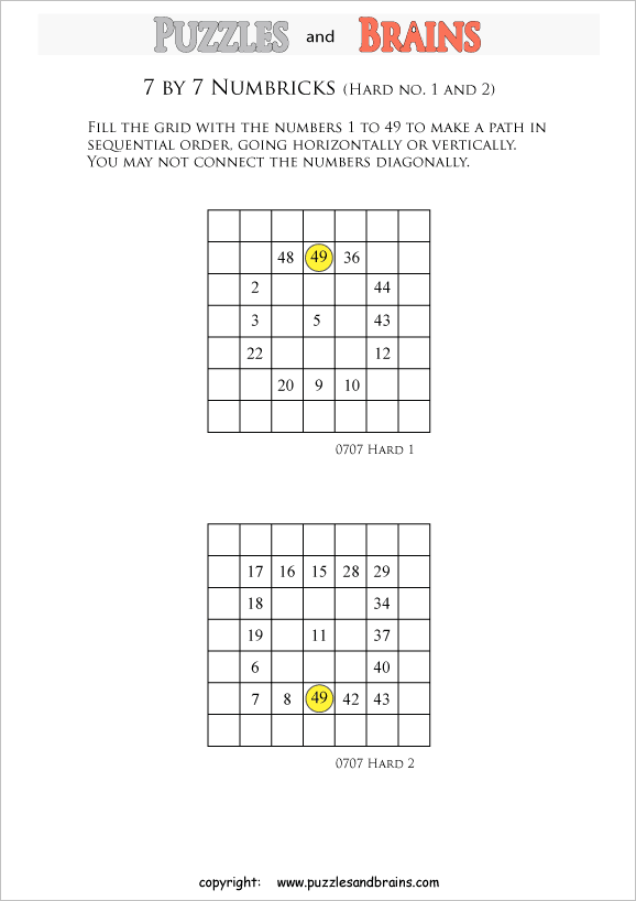 printable 7 by 7 difficult level Numbrix logic IQ puzzles