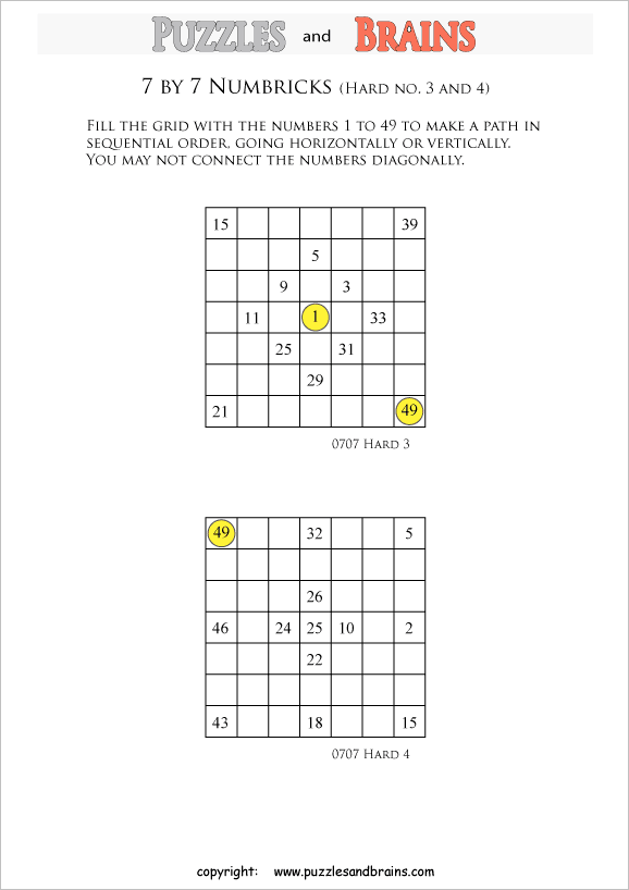 printable 7 by 7 difficult level Numbrix logic IQ puzzles