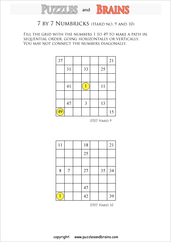 printable 7 by 7 difficult level Numbrix logic IQ puzzles
