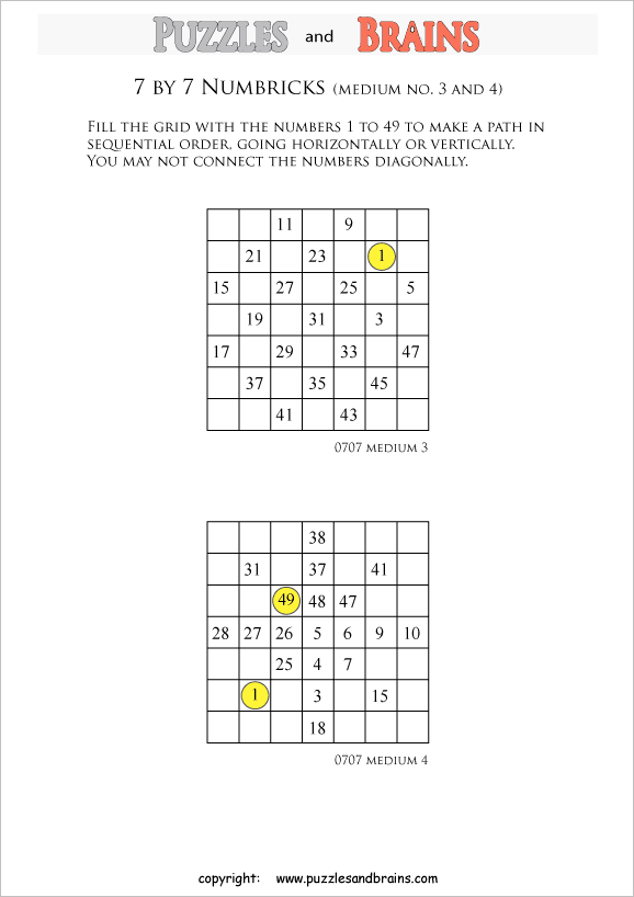 printable 7 by 7 medium level Numbrix logic IQ puzzles