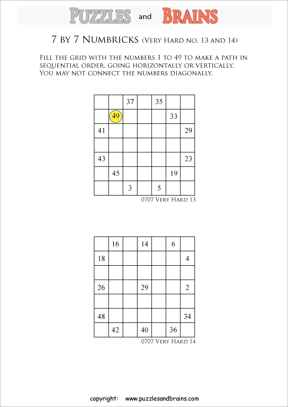 Printable 7 by 7 very difficult level Numbrix logic puzzles for kids ...