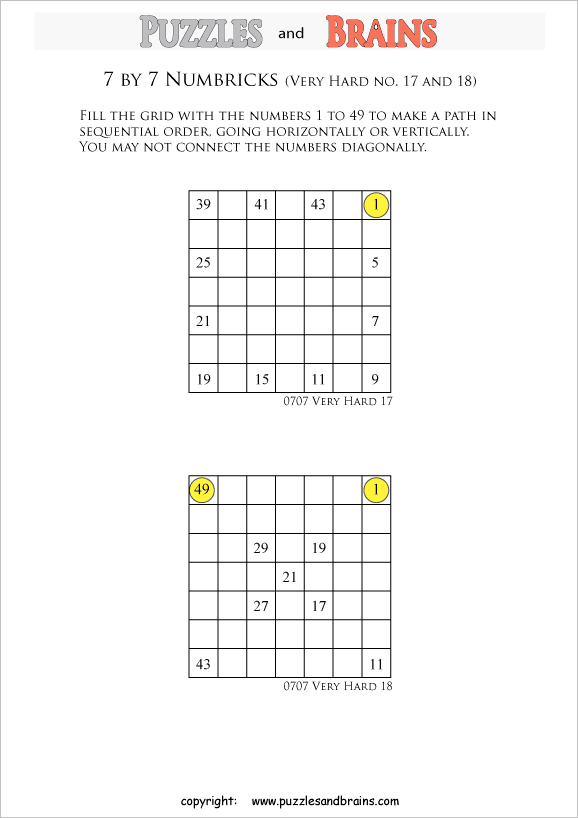 Printable 7 by 7 very difficult level Numbrix logic puzzles for kids