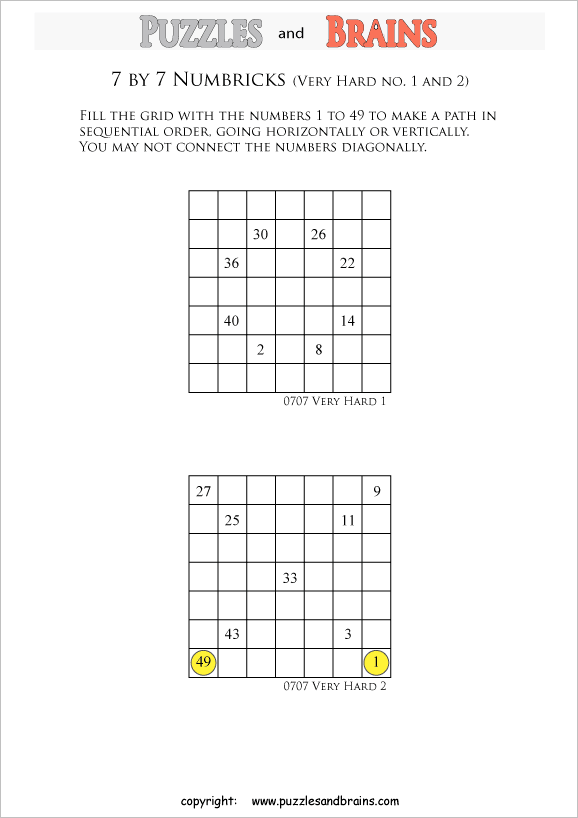 printable 7 by 7 very hard level Numbrix logic IQ puzzles