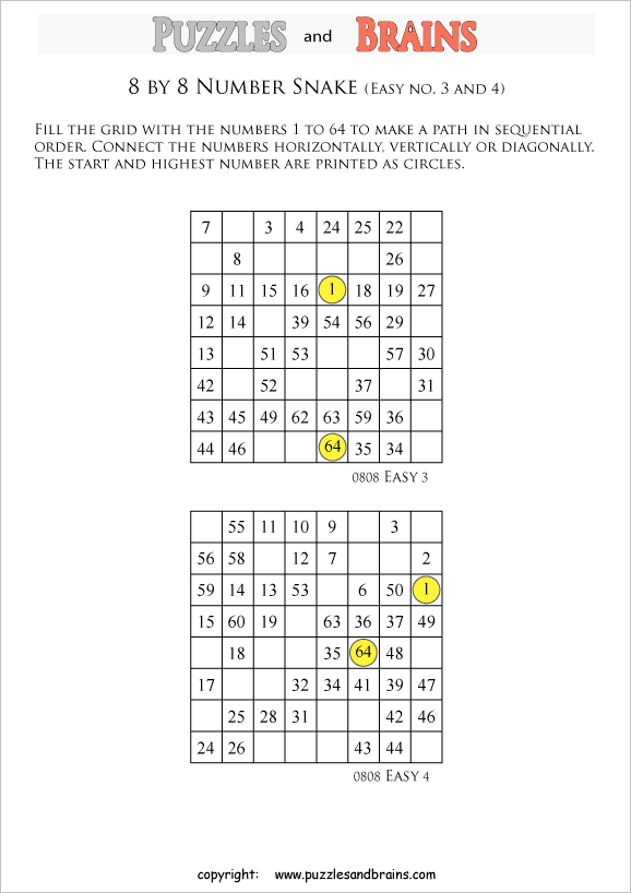 printable easier 8 by 8 Hidato Number Snake puzzles for young and old