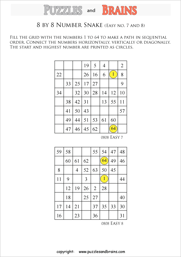 printable easier 8 by 8 Hidato Number Snake puzzles for young and old